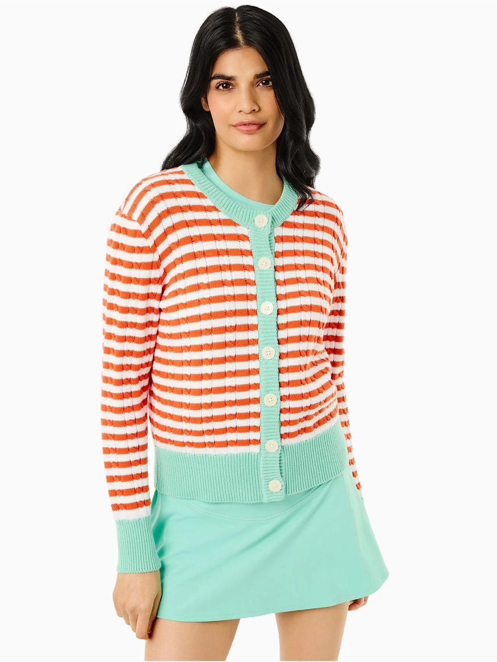 Addison Bay Coral and Mint Striped Button-Up Cardigan - Picture 2 of 3